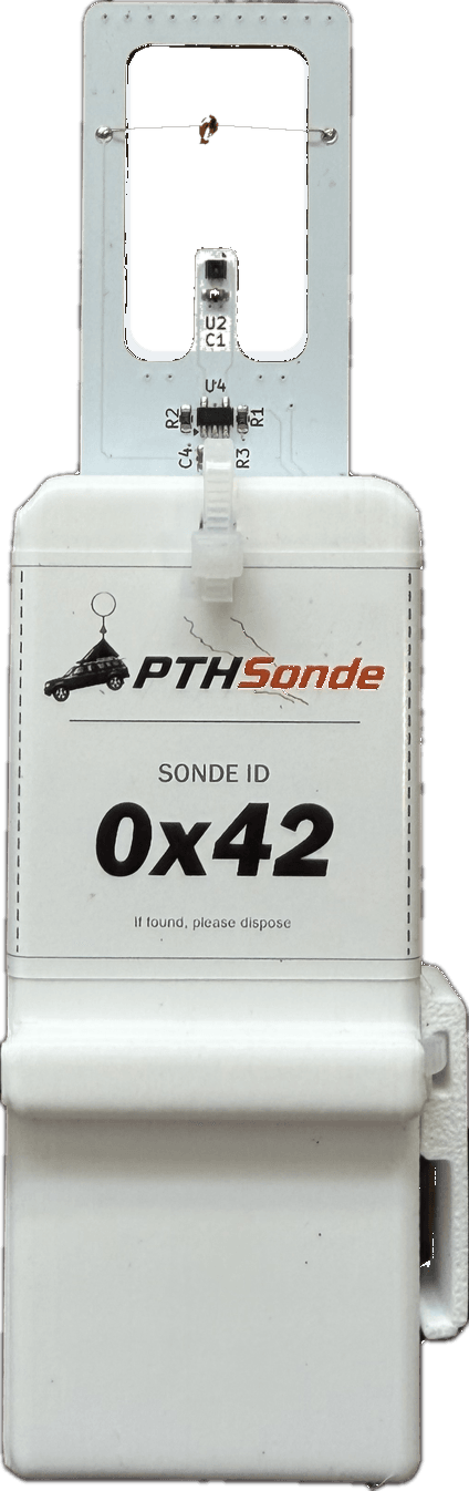 The PTHSonde radiosonde payload with its exposed thermistor probe